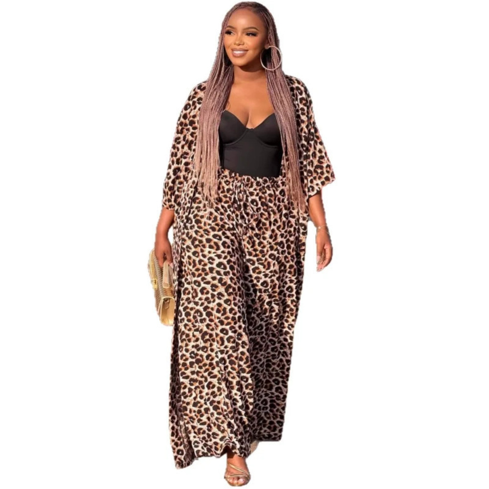 ZARA African Plus Size Long Loose Leopard Print Shirt Pants Set